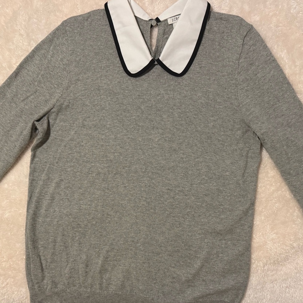 J. Crew Grey Sweater with White Contrast Collar and Black Trim
